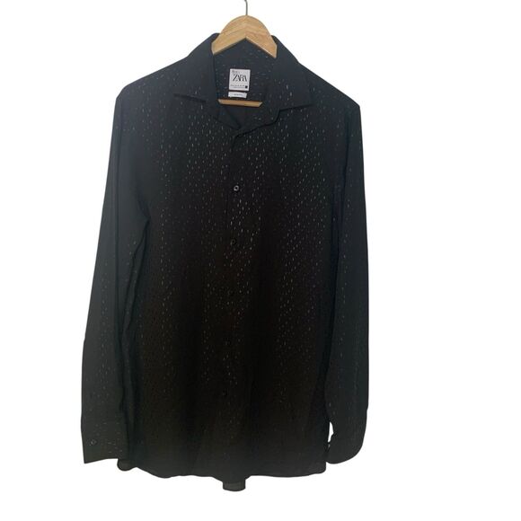 Zara Mens Black Sheer Metallic Dots Long Sleeve Slim Fit Button Up Shirt M - Picture 1 of 5